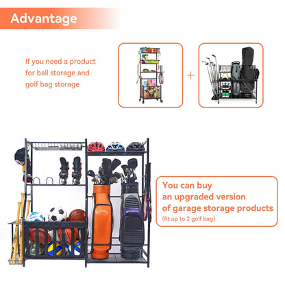 WALMANN Garage Sports Equipment Organizer, Golf Bag Stand for Garage Ball Storage Rack Indoor/Outdoor Kids Toys Storage Organizer Bins, Ball Holder with Baskets