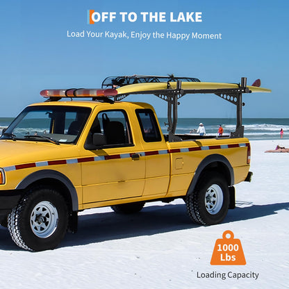 Universal Truck Ladder Rack 1000 Lbs Capacity, Adjustable Steel Pickup Bed Rack 52"-82" Crossbar for Kayak, Lumber, Ladder, Rooftop Tent, Surfboard – No-Drill Heavy Duty Rack for Pickup Trucks