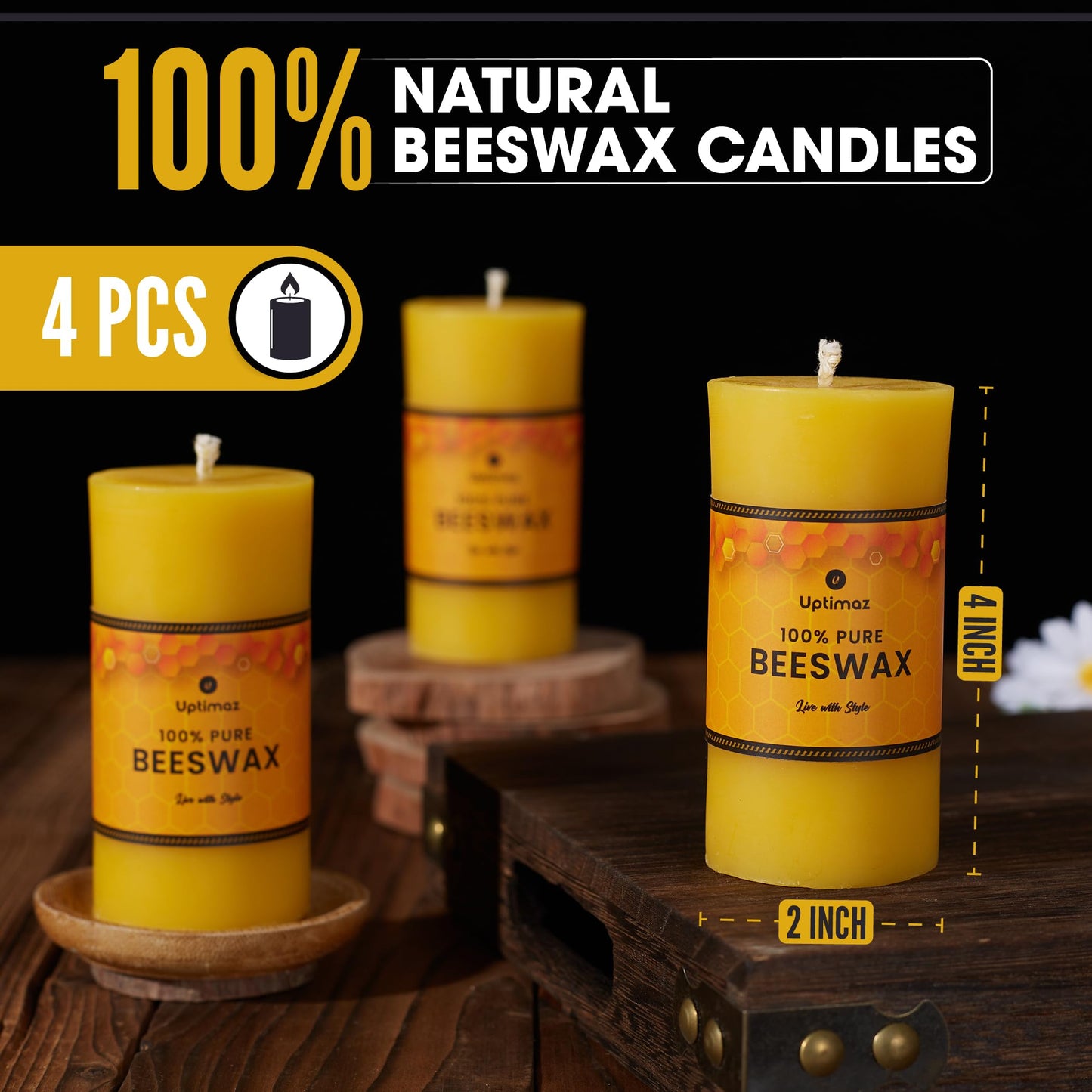 Uptimaz Beeswax Pillar Candles Set of 4, 2x4 Inch, 100% Beeswax Candle with Cotton Wick, Long Burning, Dripless Candle Bees Wax for Home, Décor, Prayer, Emergency