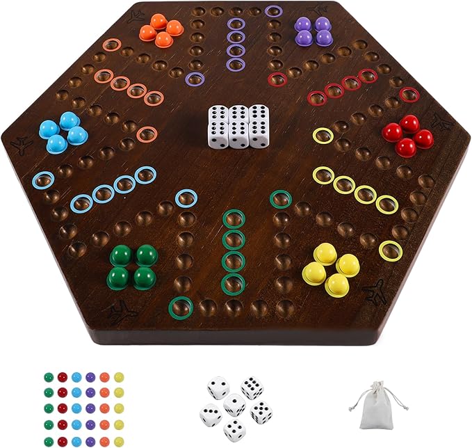 HOROW 20 inch Wahoo Marble Board Game for 4-6 Players - 2 Sided Painted Wooden Board - Thicken Dice Marbles Game - Perfect for Family &amp Party Game Nights （Fire Color）