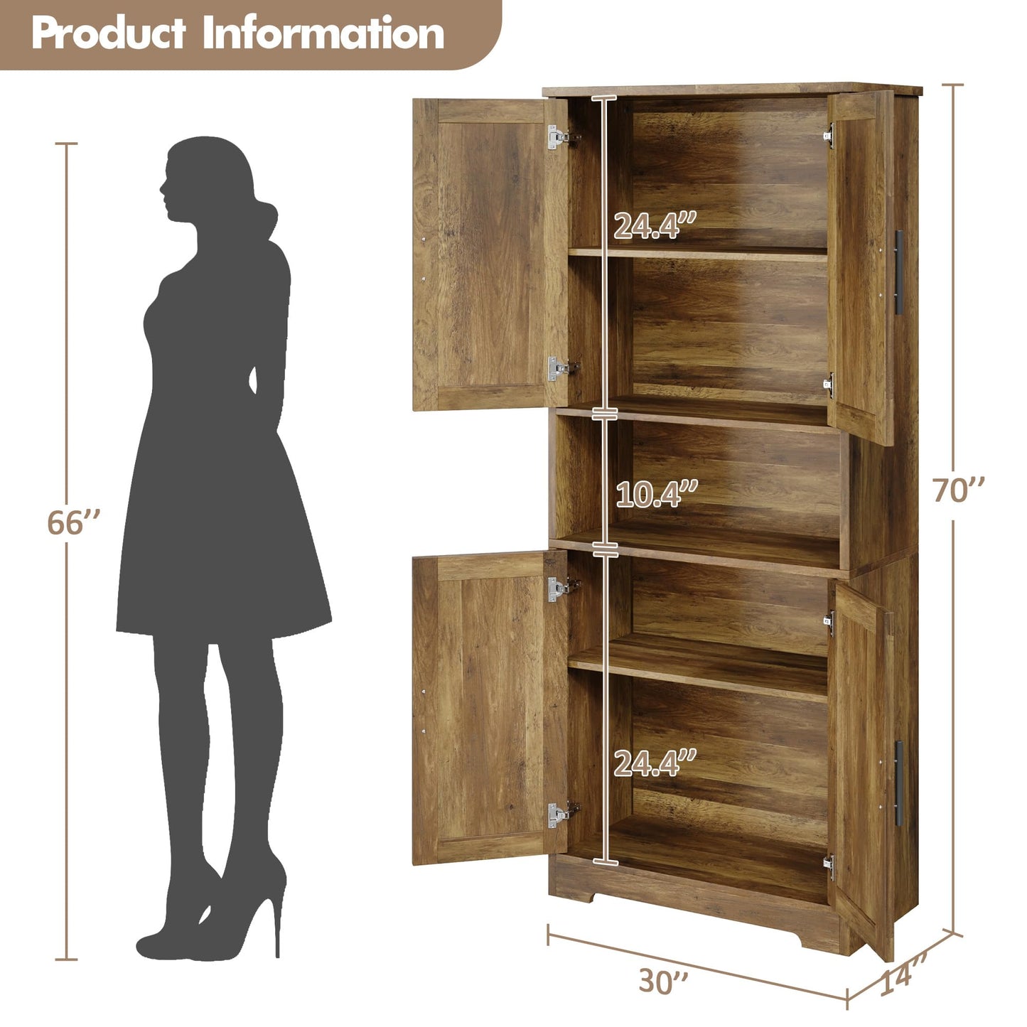 IDEALHOUSE Kitchen Pantry Cabinet, 70in Tall Storage Cabinet with Doors and Adjustable Shelves, Freestanding Cupboard for Living Room, Dining Room, Bathroom