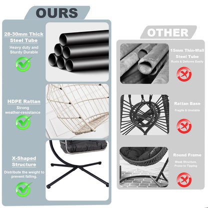 KEIKI Egg Chair - Foldable Rattan Hanging Chair with Stand & Cushion, 350LBS Capacity, Indoor Outdoor Basket Chair for Patio, Garden, Bedroom, Balcony - Black and Gray Wicker Hammock Swing Chair