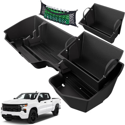 AutoBull Rear Underseat Storage Box For 2019-2026 Chevy Silverado/GMC Sierra 1500,Chevrolet Silverado/Sierra 2500HD 3500HD Double Cab &Crew Cab 2020-2026,Under Seat Storage Organizer w Bin & Mesh Net