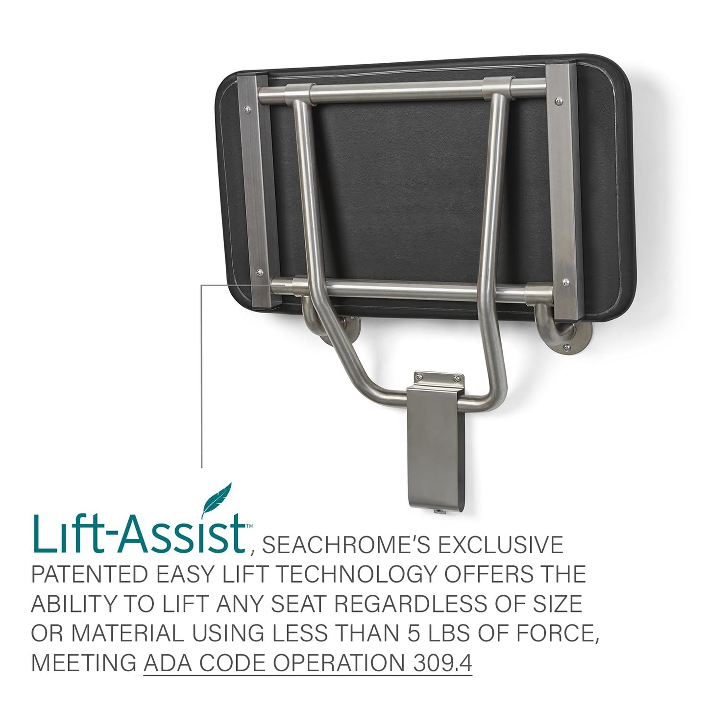 Seachrome 24" x 15" Black Padded Cushion Folding Wall Mount Bench Shower Seat, ADA Compliant