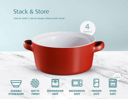 Kook Soup Crocks - Stackable Ceramic Bowls | Oven, Microwave & Dishwasher Safe | 18 oz Capacity, Set of 4 - Matte Red