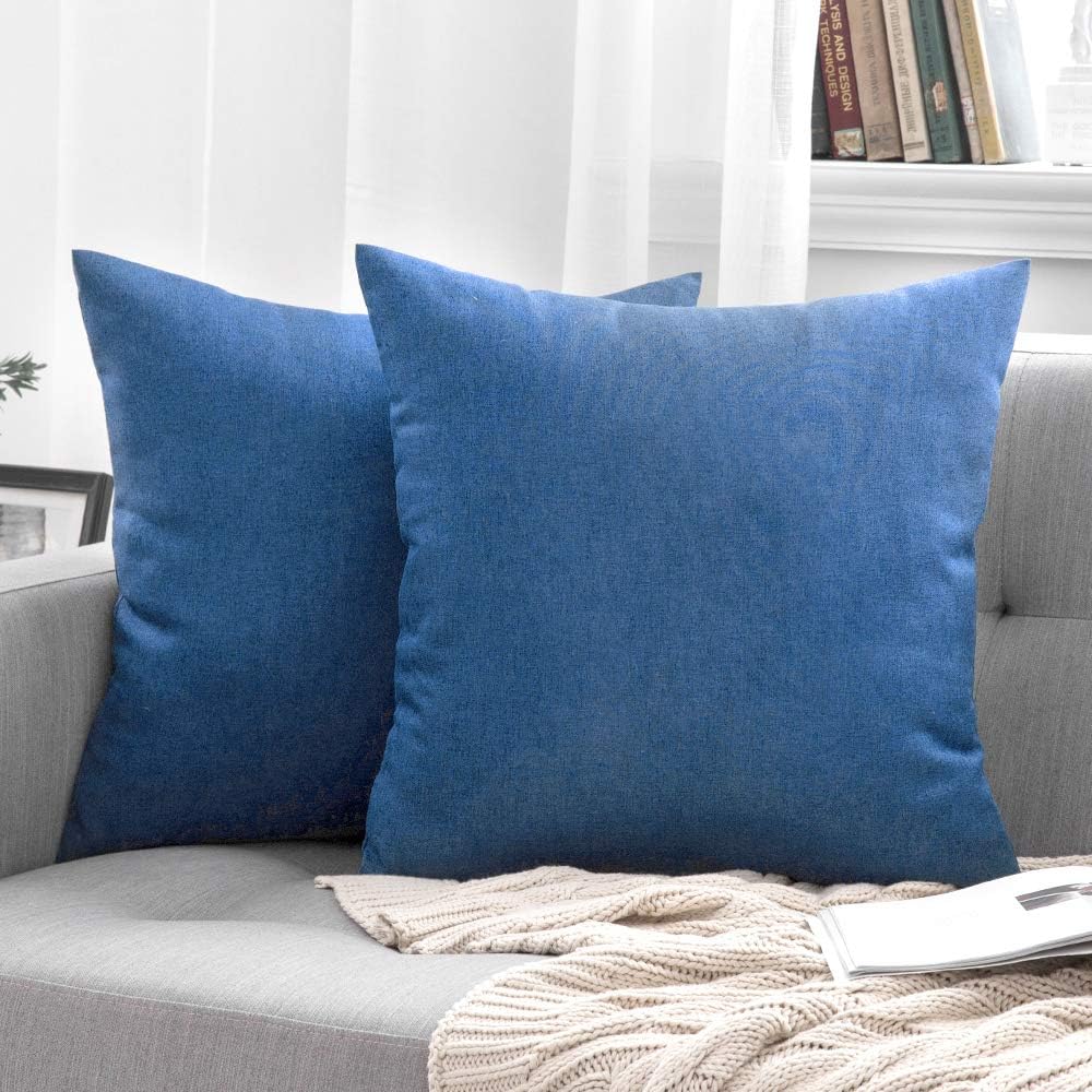 MIULEE Decorative Outdoor Throw Pillow Covers - Waterproof Faux Linen Cushion Cases | 20x20 Inch Blue, Set of 2