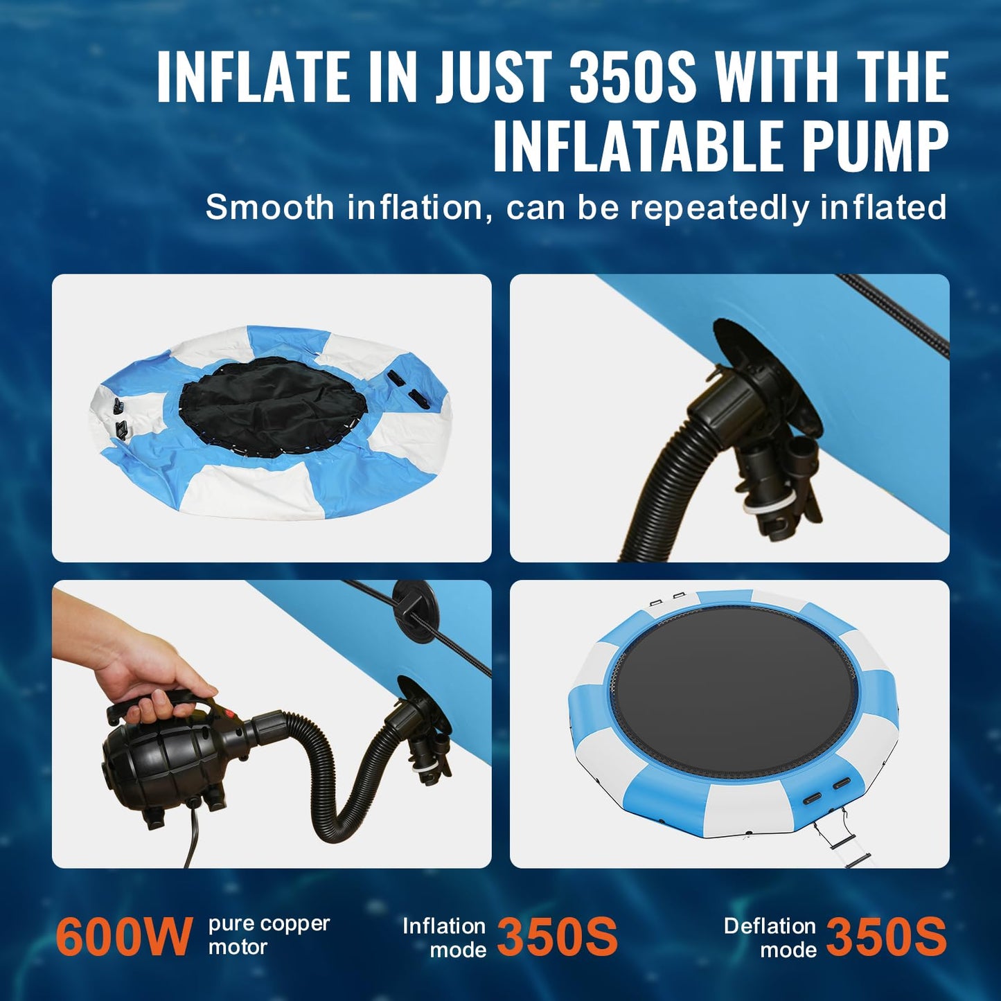 VEVOR Recreational Water Trampoline 15ft, Inflatable Water Bouncer, Portable Bounce Swim Platform with Electric Air Pump & 3-Step Ladder, Kids Adults Floating Rebounder for Water Sports, Pool, Lake