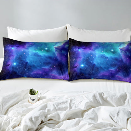 Feelyou Galaxy Sheet Set Queen Size Out Space Bedding Blue Nebula Universe 100% Microfiber Deep Pockets Bed Sheets 4 Pcs - 1 Falt& 1 Fitted Sheets with 2 Pillow Shams
