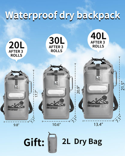 IDRYBAG Dry Bag Backpack Waterproof Floating 20L/30L/40L, Dry Bags Waterproof Backpack for Men, Dry Sack Waterproof Bag Kayak, Gray, 16 long, Hiking Backpack