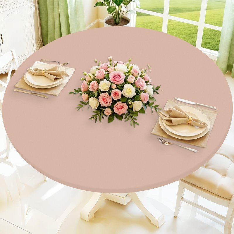 Moosfor Round Spandex Tablecloth, Elastic Fitted Waterproof Tablecloths for 57"-68" Tables, Stretch Washable Picnic Table Cover for Camping, Dining, Indoor and Outdoor, Nude