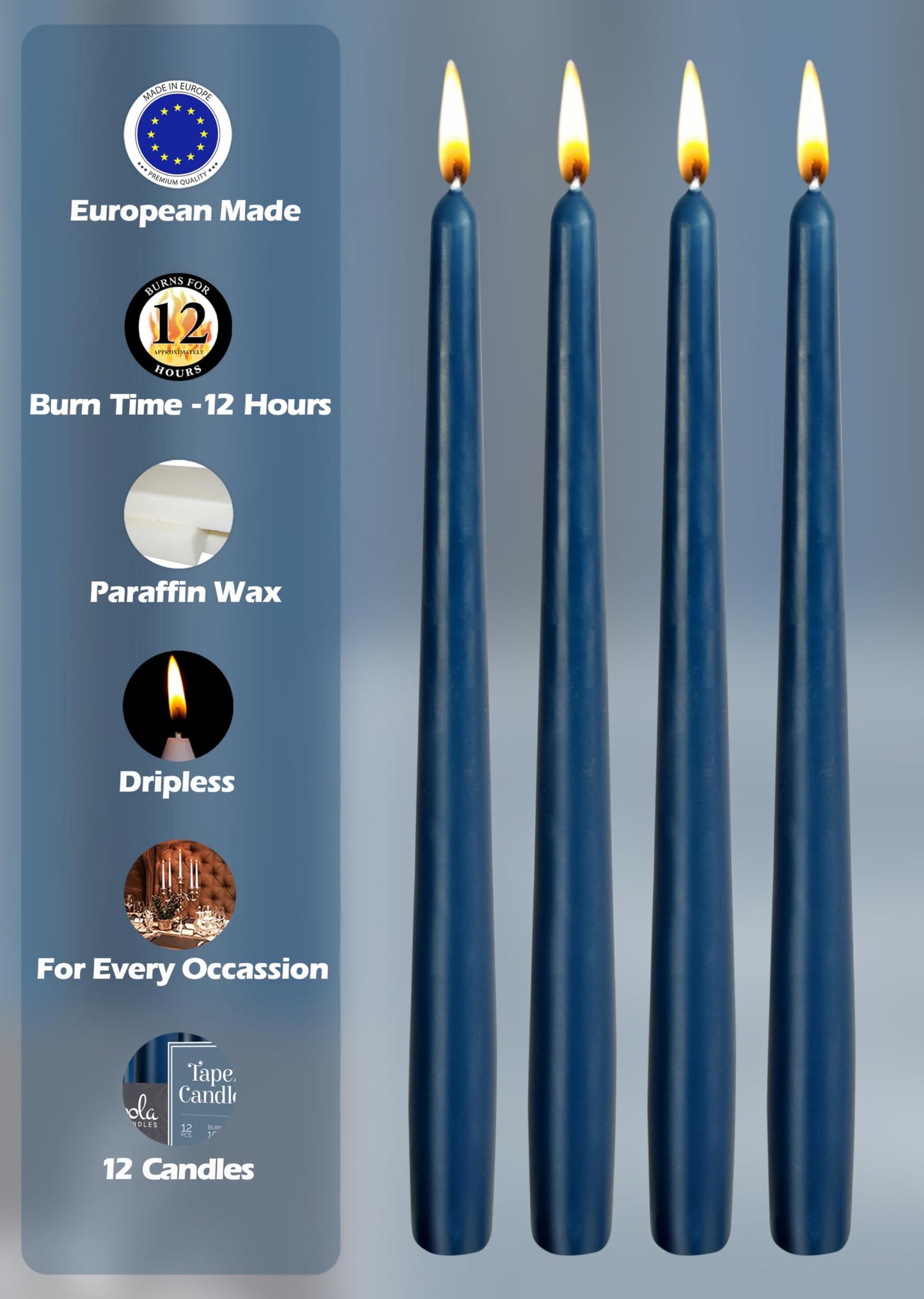 Hyoola 12 Pack Tall Taper Candles - 14 Inch Midnight Blue Dripless, Unscented Dinner Candle - Paraffin Wax with Cotton Wicks - 12 Hour Burn Time