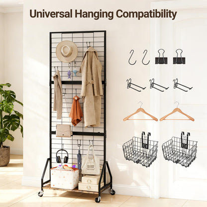 ELYKEN 2 Pack Foldable Grid Wall Panels 5.7' x 2' FT, Movable Wire Gridwall Display Rack with Wheels and Adjustable Foots, Retail Display Stand for Vendor with Storage (Rustic Brown)