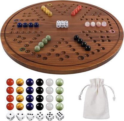 Circular Large Marble Board Game with Double-Sided Painted Wooden Fast Track Board Game with 24 Marbles 6 Dice4-Player Game 6-Player Game Universal Original Natural Marble (Burnt Color)