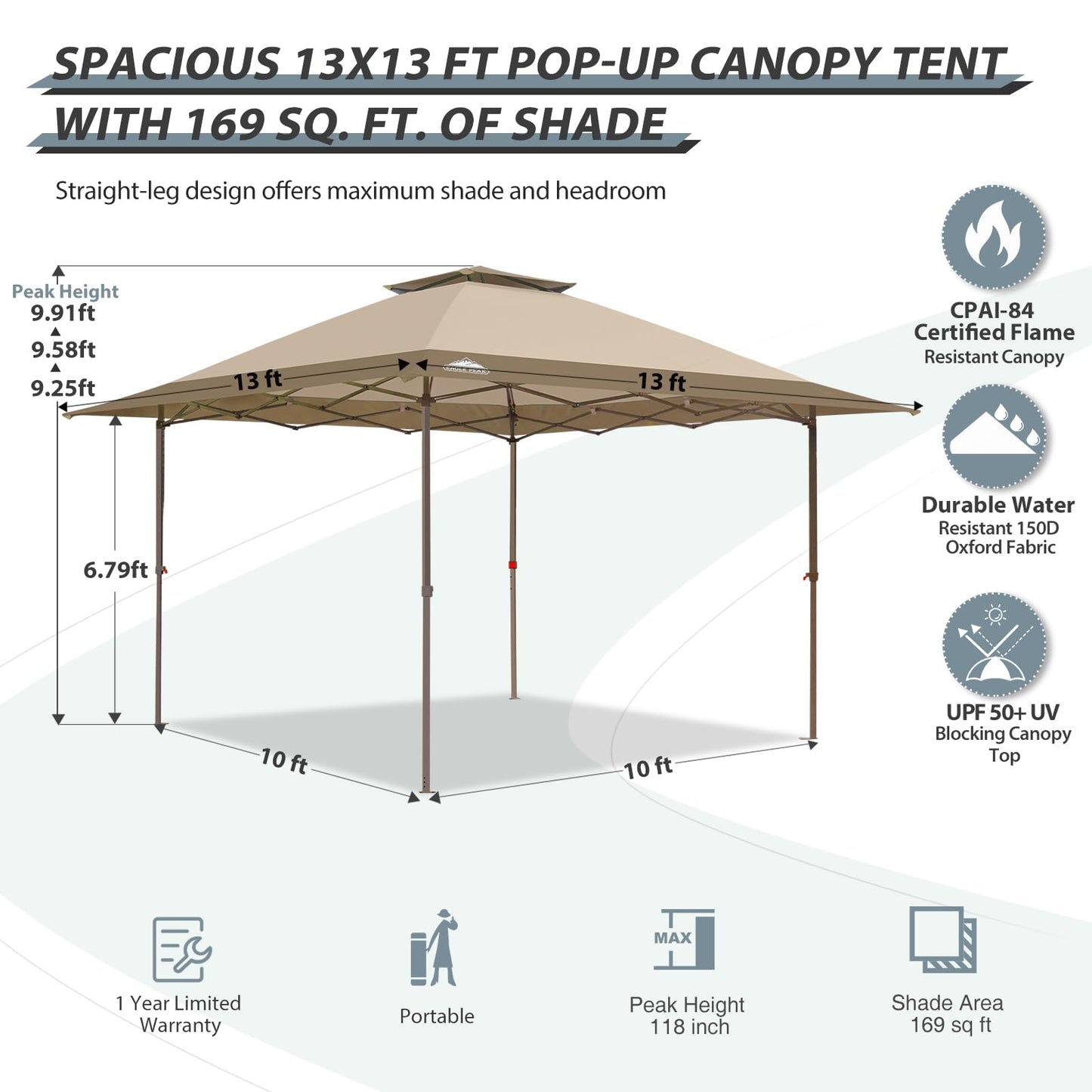 EAGLE PEAK 13x13 Straight Leg Pop Up Canopy Tent Instant Outdoor Canopy Easy Single Person Set up Folding Shelter w/Auto Extending Eaves 169 Square Feet of Shade (Beige)