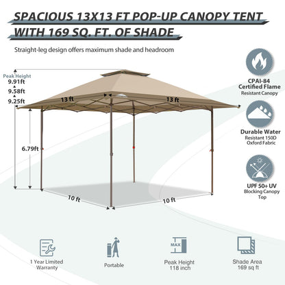 EAGLE PEAK 13x13 Straight Leg Pop Up Canopy Tent Instant Outdoor Canopy Easy Single Person Set up Folding Shelter w/Auto Extending Eaves 169 Square Feet of Shade (Beige)