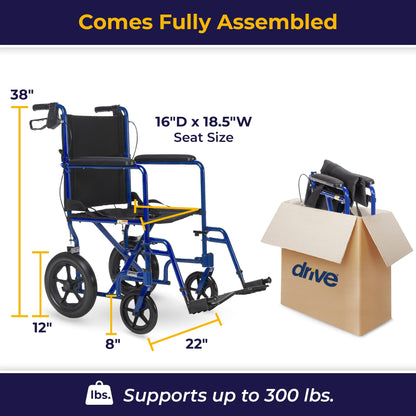 Drive Medical Lightweight Expedition Folding Transport Wheelchair with Hand Brakes - Portable Support - Large Rear Wheels - Compact Folding - Comfortable Design - Blue