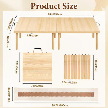 MLLNFUE Folding Wooden Picnic Table with Runner, 60"x30" Boho Portable Low Table for Floor Seating, Indoor Outdoor Picnic Table for Camping, Beach, Backyard, BBQ & Party (Seats 6)