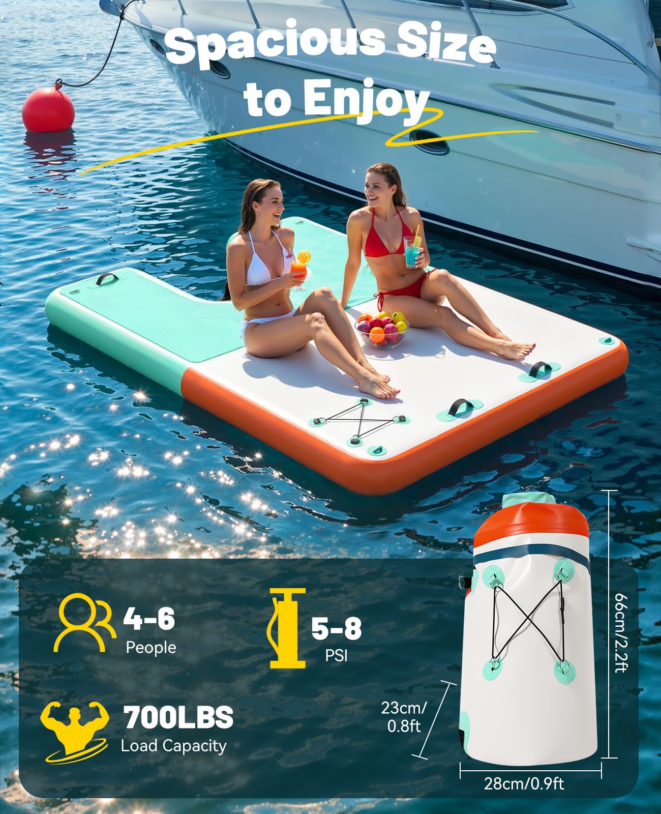 HeySplash Inflatable Floating Dock, 8×6ft Floating Docks with Anti-Slip Surface Water Access, Inflatable Dock Floating Docks for Lakes Pools Boats Oceans, Up to 4-6 People