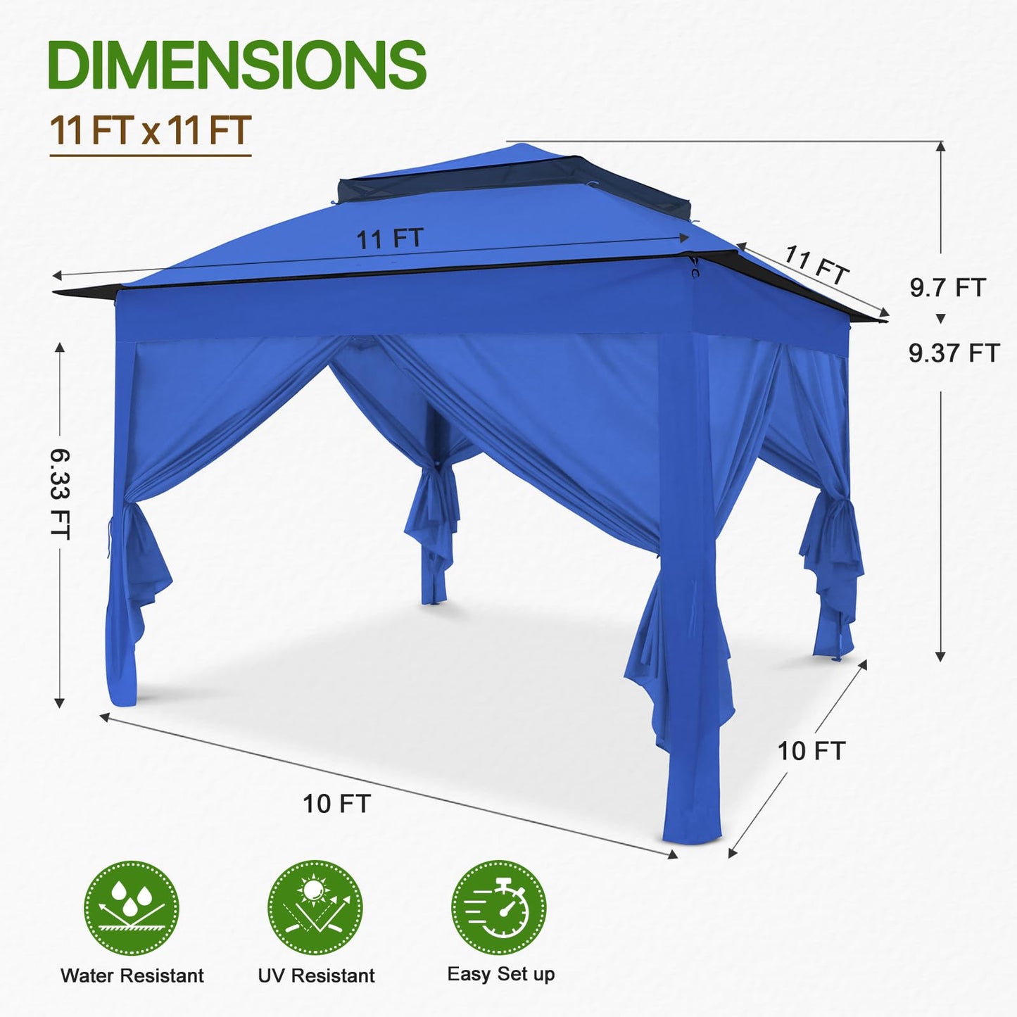 COOS BAY 11x11 Pop Up Gazebo with 4 Sidewalls, Instant Outdoor Canopy Tent with UPF 50+ UV Protection, Water Resistant Shelter with Carry Bag, Stakes & Ropes, Blue
