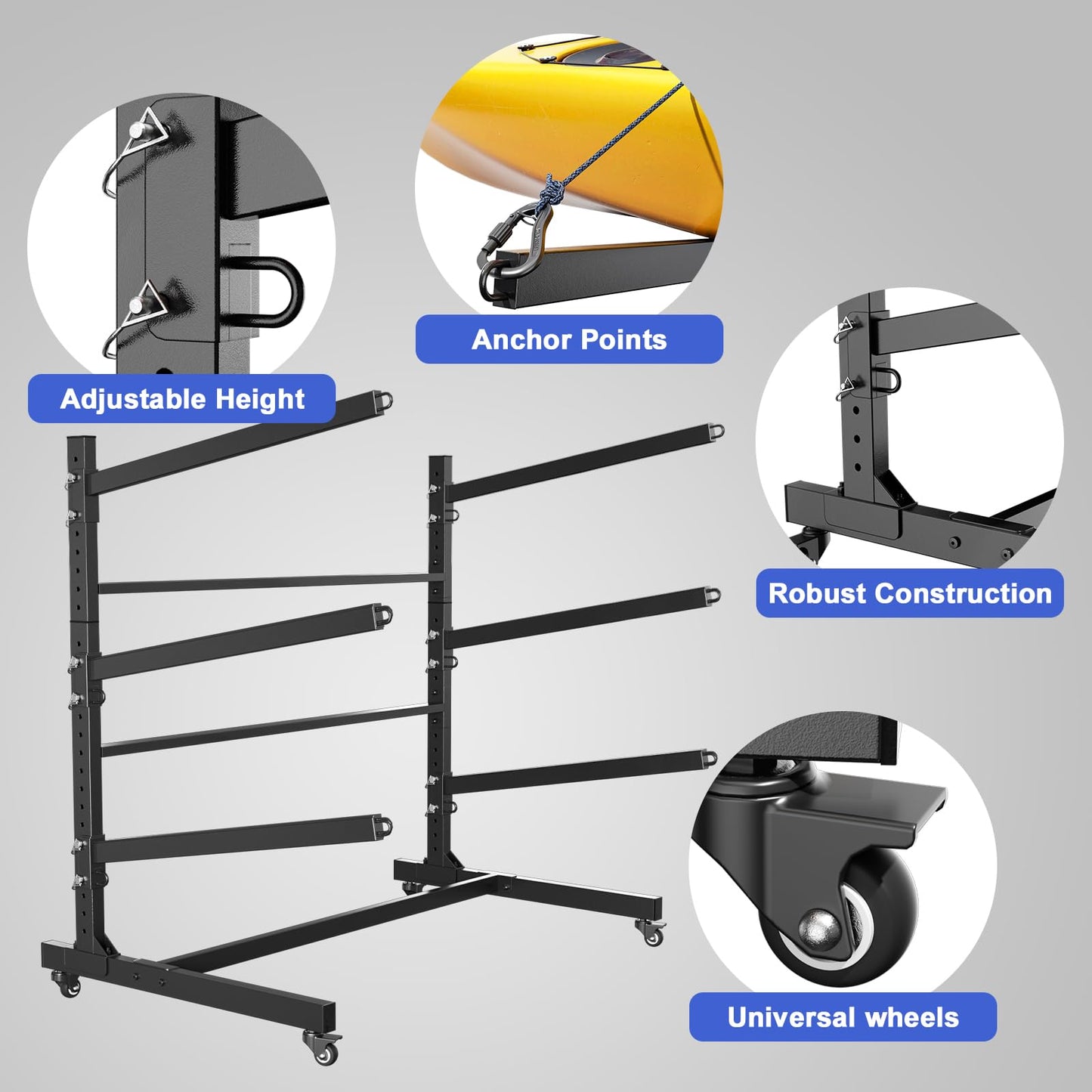 Baotree Heavy Duty Freestanding Kayak Storage Rack, Adjustable Metal Stand for 3 Kayaks, Canoes, SUPs, Paddleboards & Surfboards with Lockable Wheels, Indoor & Outdoor Use