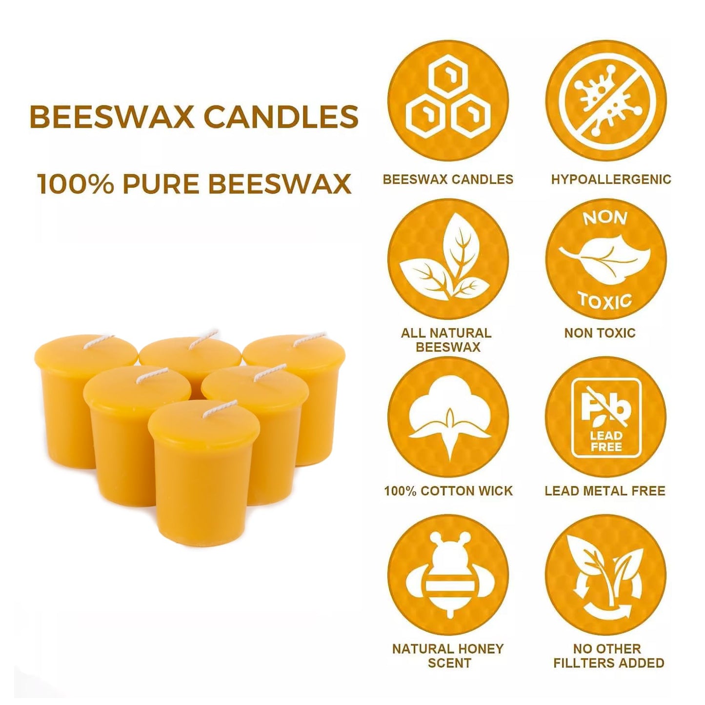 100% Pure Beeswax Votive Candles 2x2 Inch, 6 Pack - 10-Hour Burn Time (60 Hrs Total), Smokeless & Unscented Natural Wax Candles for Prayer, Home Decor, Emergency & Weddings