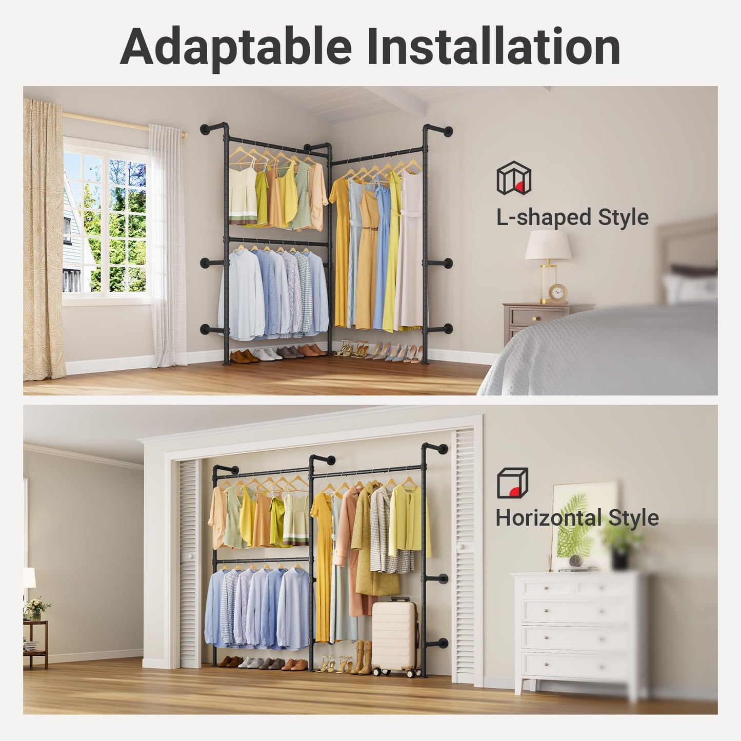 Timate P2 Industrial Pipe Clothes Rack, Wall Mounted Open Closet System with 3 Hanging Rods, L-Shape & Straight Configuration Garment Rack for Closet, Bedroom, Apartment, Retail Display, Black
