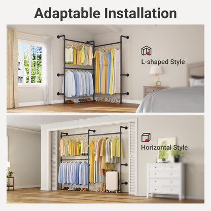 Timate P2 Industrial Pipe Clothes Rack, Wall Mounted Open Closet System with 3 Hanging Rods, L-Shape & Straight Configuration Garment Rack for Closet, Bedroom, Apartment, Retail Display, Black