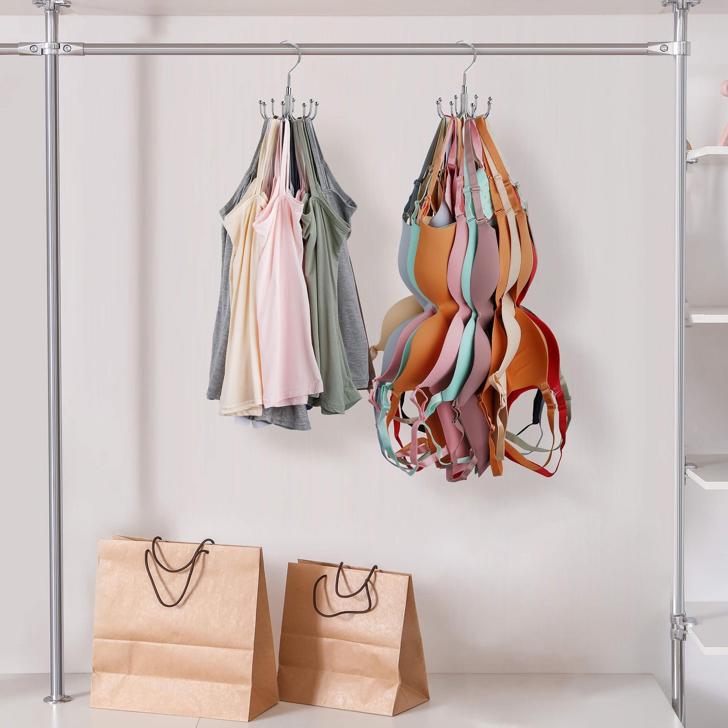 ZEDODIER Tank Top Hanger, Rotatable Bra Organzier for Closet, Max 24 Storage Capacity Sport Bra Holder, Metal Space Saving Closet Organizers and Storage, Silver