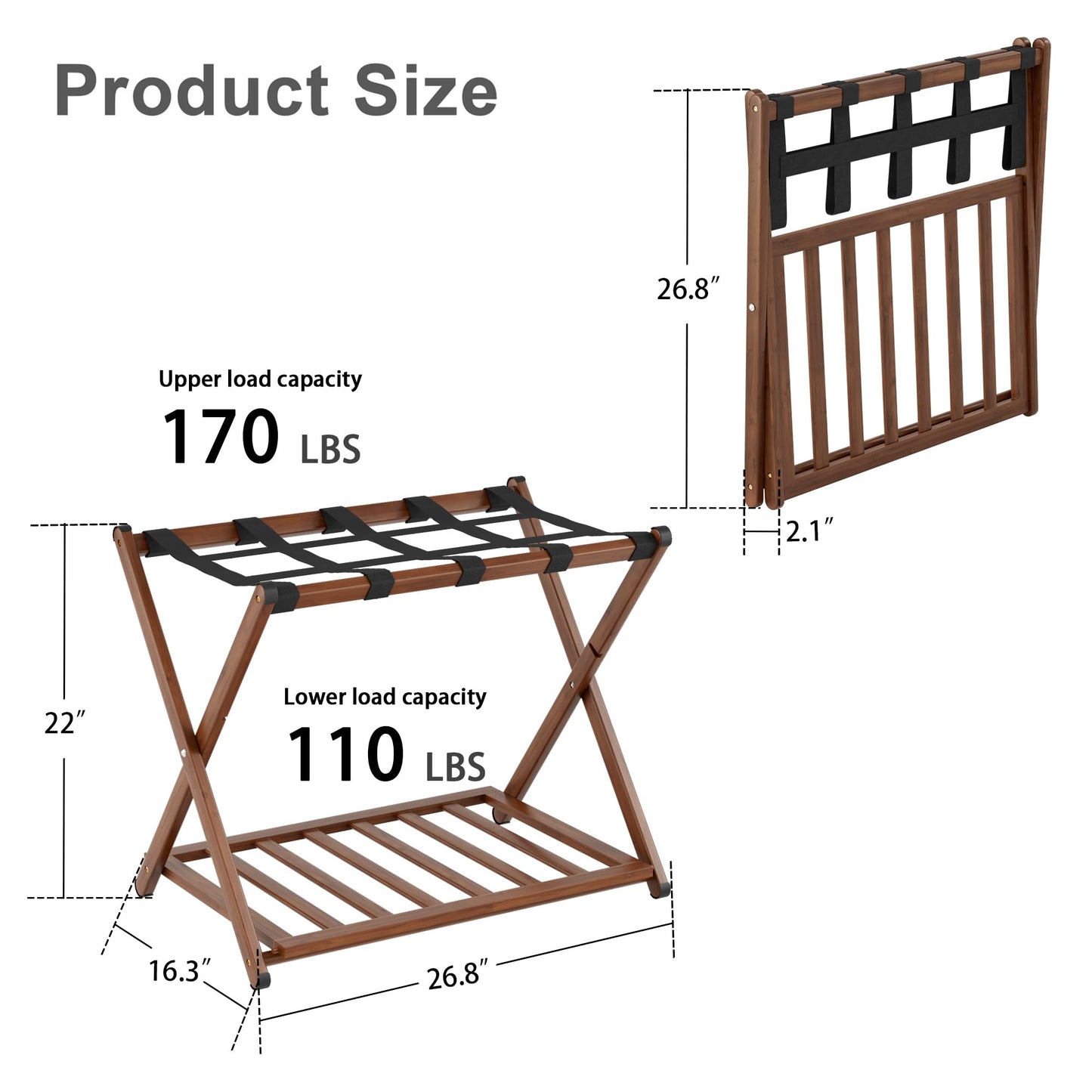 SANLUCE Fully Assembled Luggage Rack Set of 2 for Guest Room, Bamboo Suitcase Stand with Foldable Storage Shelf, Crossed Nylon Straps Folding Luggage Holder for Bedroom and Hotel, Walnut