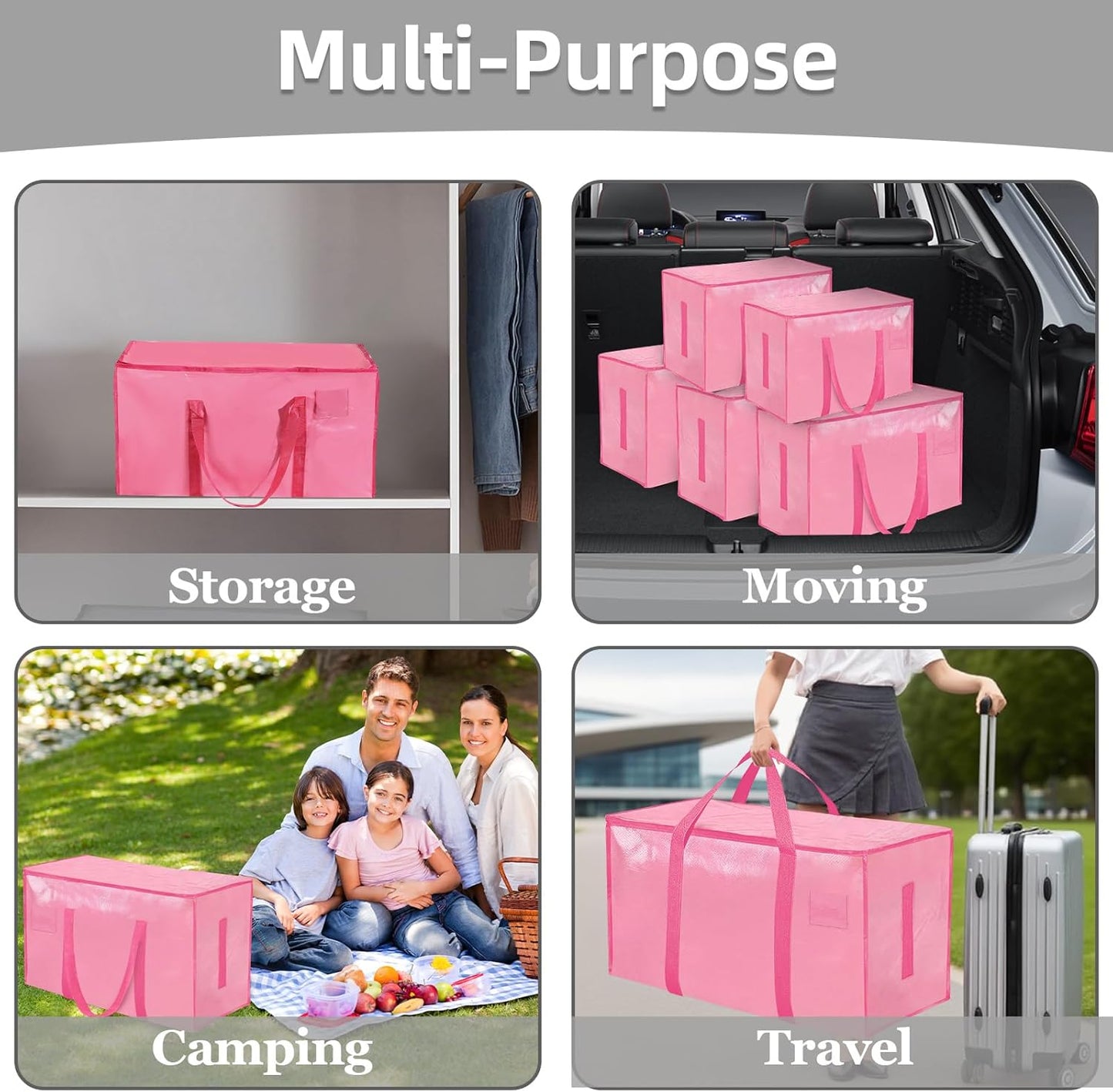 Skiennix Extra Large Heavy Duty Moving Bags - Waterproof Storage Totes with Handles & Zippers | Foldable for College Dorms (Pink)