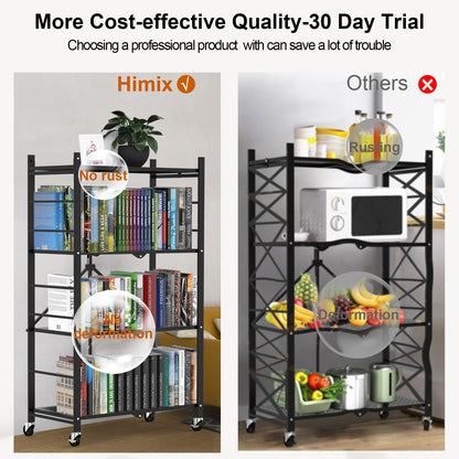 Himix Storage Shelves with Hooks, Foldable Metal Shelving Unit on Wheels, No Assembly Collapsible Shelves for Storage, Holds 264 Ibs Storage Rack for Kitchen Garage Pantry Room Organization
