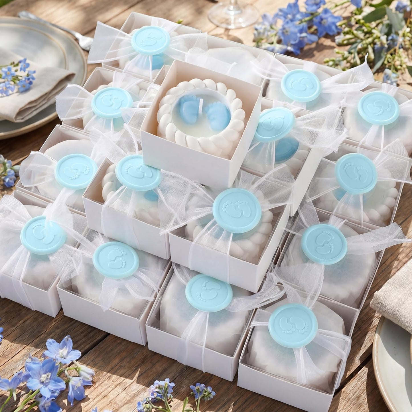 MTLEE 24 Pcs Baby Shower Candle Party Favors for Guests Blue Footprints Scented Candles with Bow Gift Box Ribbon Cute Feet Shaped Return Gifts Keepsakes for Baby Shower Gender Reveal Party Supplies