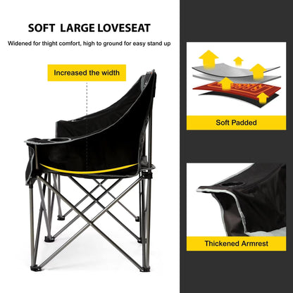 FAIR WIND Oversized 3 Person Camping Chair Padded Triple Loveseat Folding Camping Couch Duo Chair Heavy Duty Quad Fold Arm Chair with Cup Hold - Supports 900 LBS Black