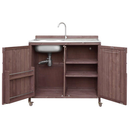 Merax Farmhouse 39.4" Outdoor Grill Cart with Stainless Steel Sink & Back Splash, Wood Rolling BBQ Prep Table w/Storage Cabinet & 4 Lockable Wheels for Patio and Outdoor Cooking,Dark Brown