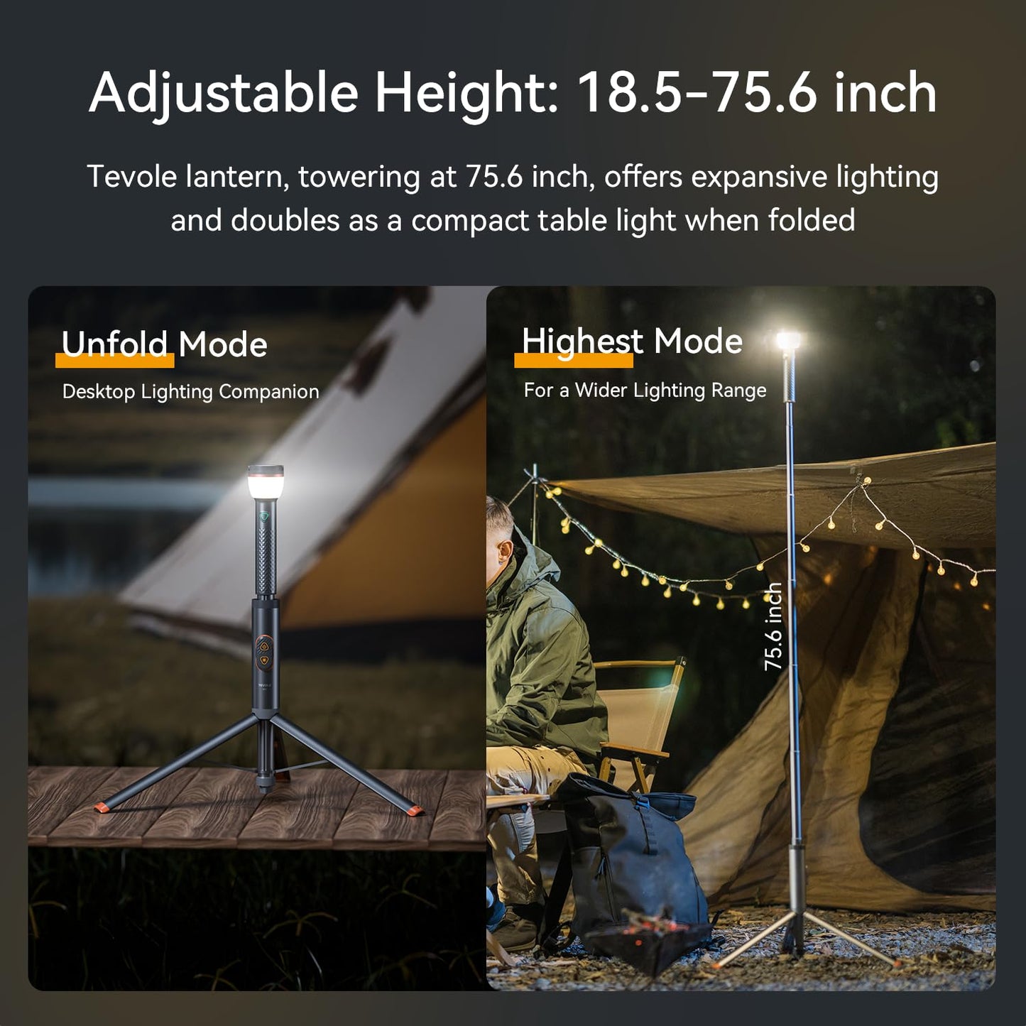 TEVOLE Camping Light Telescopic Collapsible 800 Lumens IP65 Waterproof with Product Image 4-in-1 Camping Light, Work Light, Video Flashlight 2000LM Rechargeable
