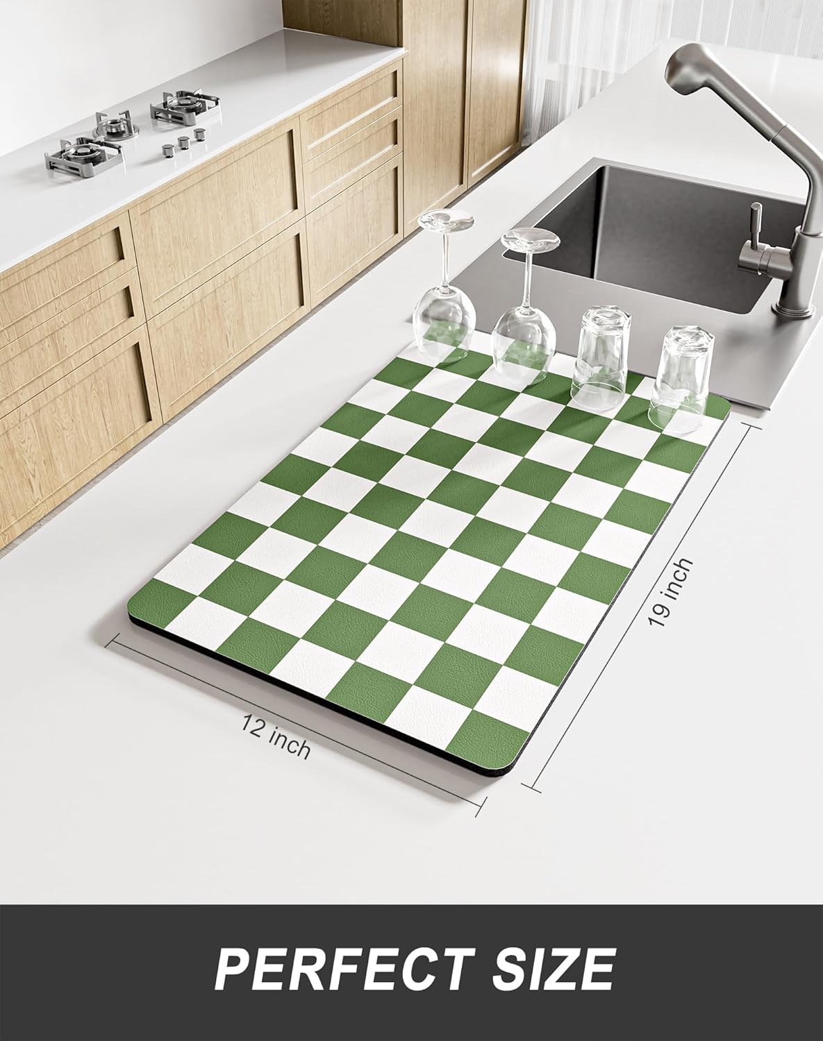 Rnivvi Dish Drying Mat - Absorbent Non-Slip Draining Pad for Kitchen Counter | 12 x 19 Inches, Green & White Checkered