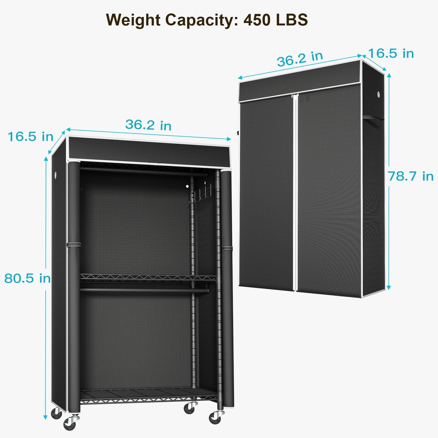FUTASSI P1 and P1C Black Garment Rack Bundle, Rolling Closet Rack with Wheels, Metal Garment Rack for Hanging Clothes, Clothing Storage Wardrobe, Load 450 Pounds