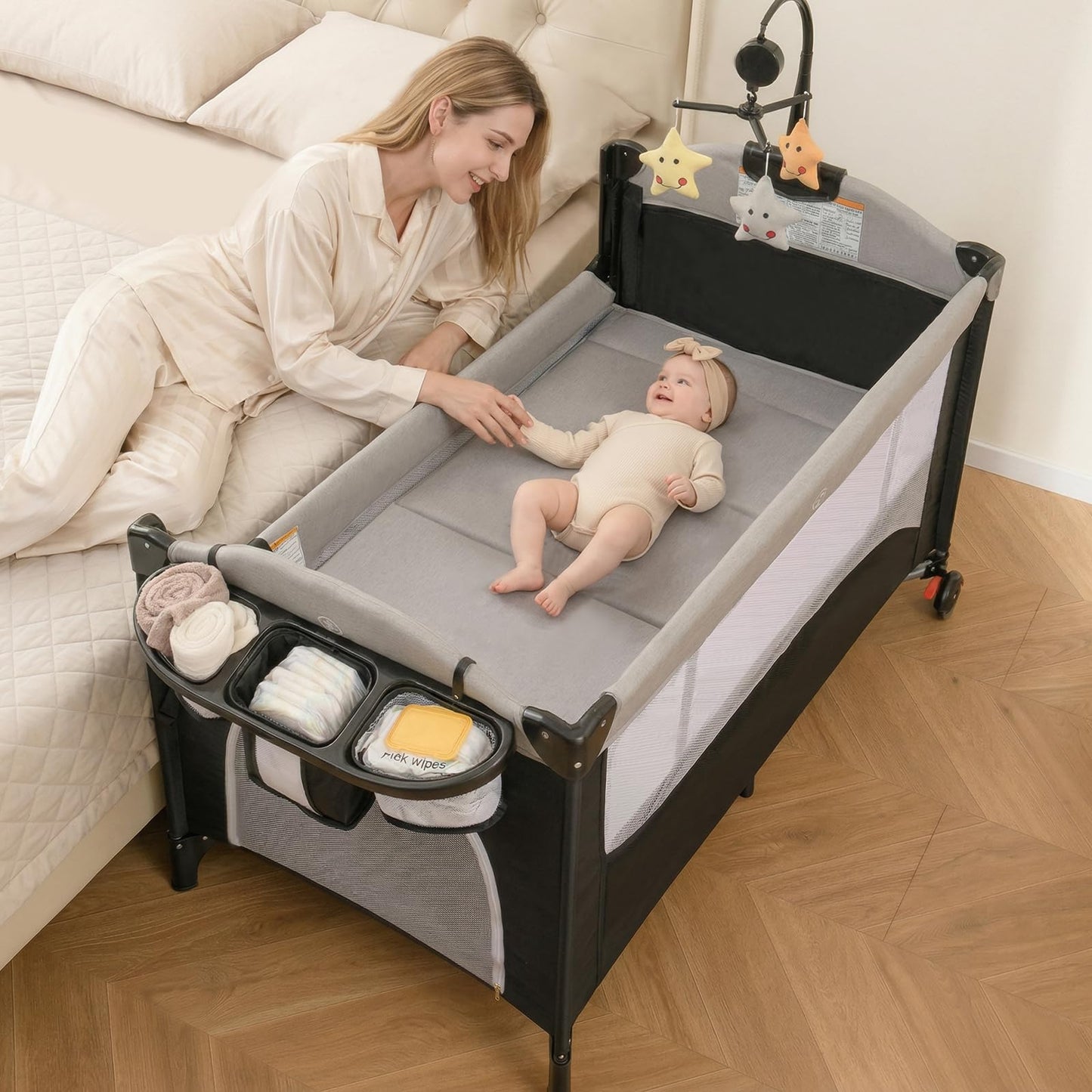 INFANS Pack and Play, 5 in 1 Baby Bedside Sleeper with Bassinet, Diaper Changer, Mattress, Carry Bag, Music Box Hanging Toys, Foldable Bedside Crib, Portable Playard for Newborn Toddlers (Gray)