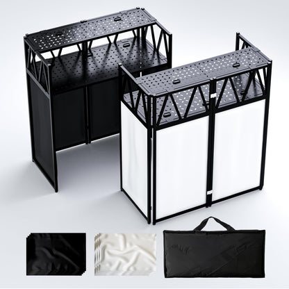 RDCMKL Two-Tier DJ Table Stand Portable Booth - 40" Dual-Layer Heavy Duty Metal DJ Stand with Laptop Shelf & 8 Scrims, Foldable DJ Event Facade with Adjustable Feet for Mobile DJ, Club, Weddings (Double Layer)