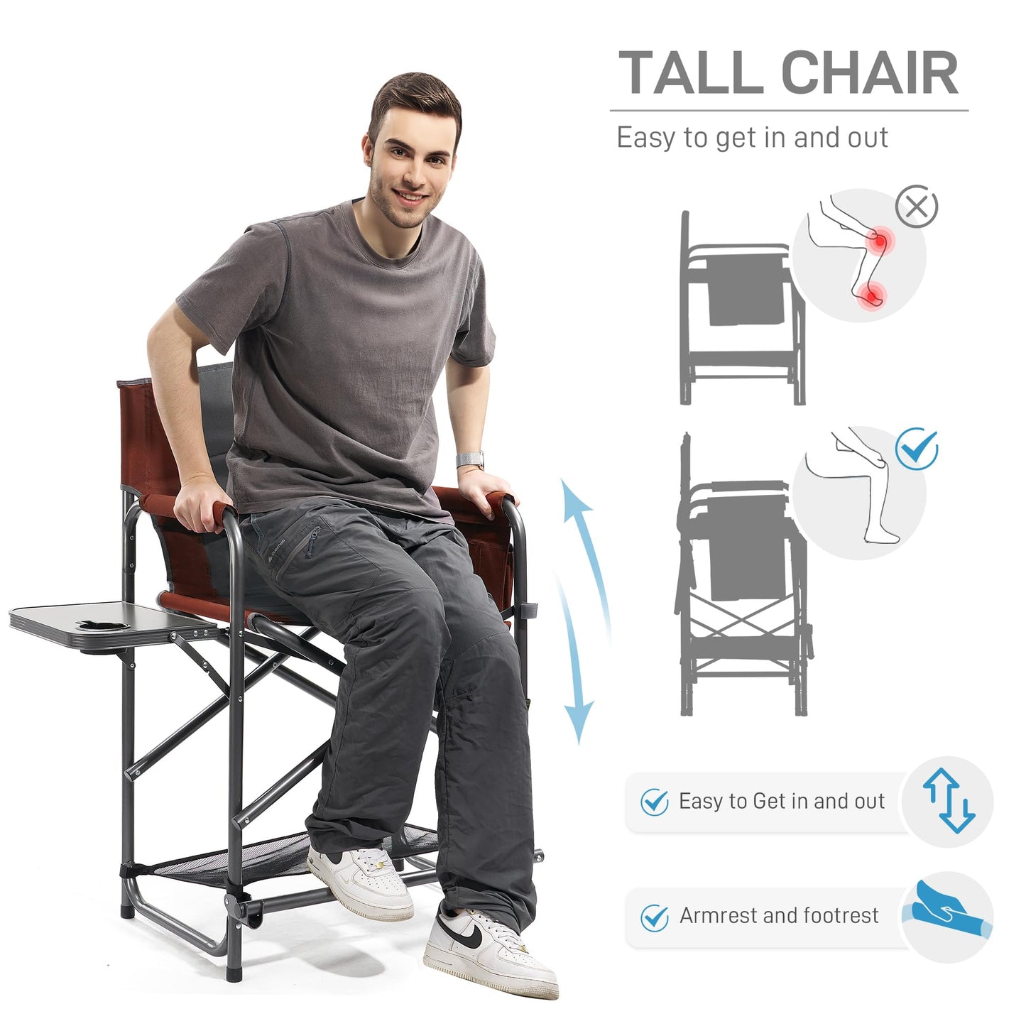 EVER ADVANCED Medium Tall Directors Chair Foldable Makeup Artist Chair Bar Height with Side Table Cup Holder and Pocket Footrest, Supports 400LBS (Red Brown, Seat Height: 23.2 inches)