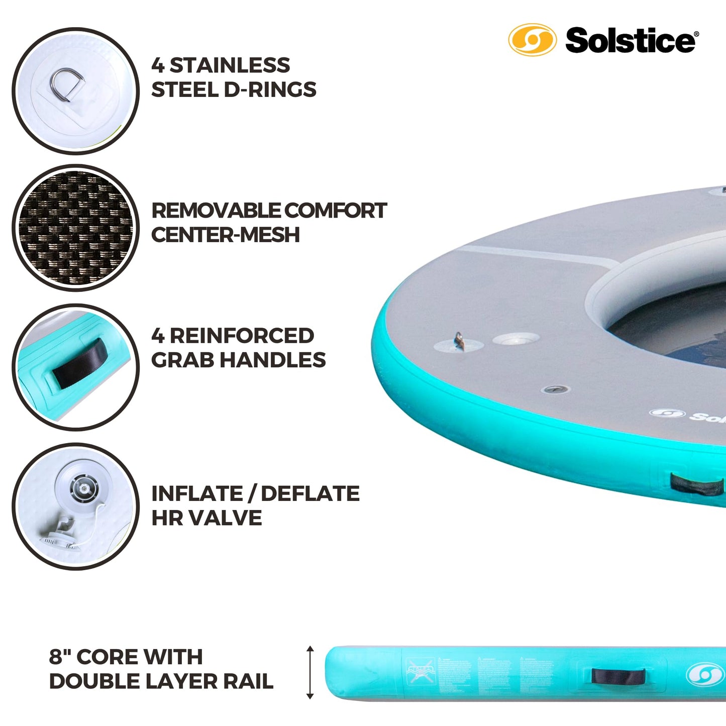 Solstice 10-Person Circular Mesh Inflatable Dock, Floating Water Raft Platform, 10ft - Round Outdoor Ring for Lake, River, Swimming Pool & Beach, Includes w/Carry Bag & Repair Kit