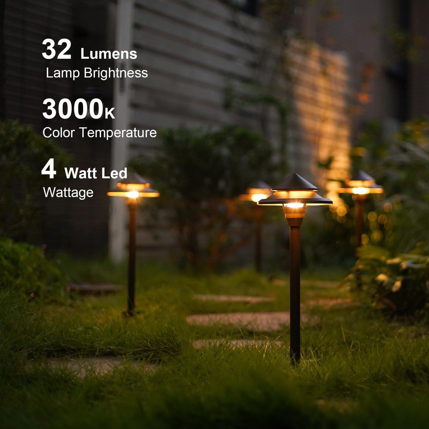 GOODSMANN Low Voltage Landscape Lighting 4PK LED Path Lights Oil Rubbed Bronze 4W 32 Lumen Hardwired 2 Tier Pagoda Landscape Pathway Lights 3000K Warm White Metal Stakes Cable Connectors