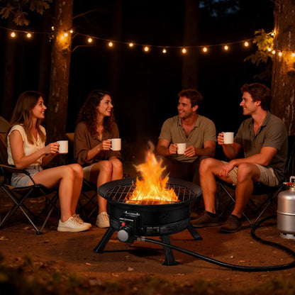 VEVOR Propane Fire Pit 24-Inch, 53,000 BTU Portable Gas Fire Pit, with Grill Grate & Lava Rocks, Adjustable Flame, Folding Legs,Smokeless Outdoor Firebowl for Camping, Patio, Backyard, Deck, RV, Black