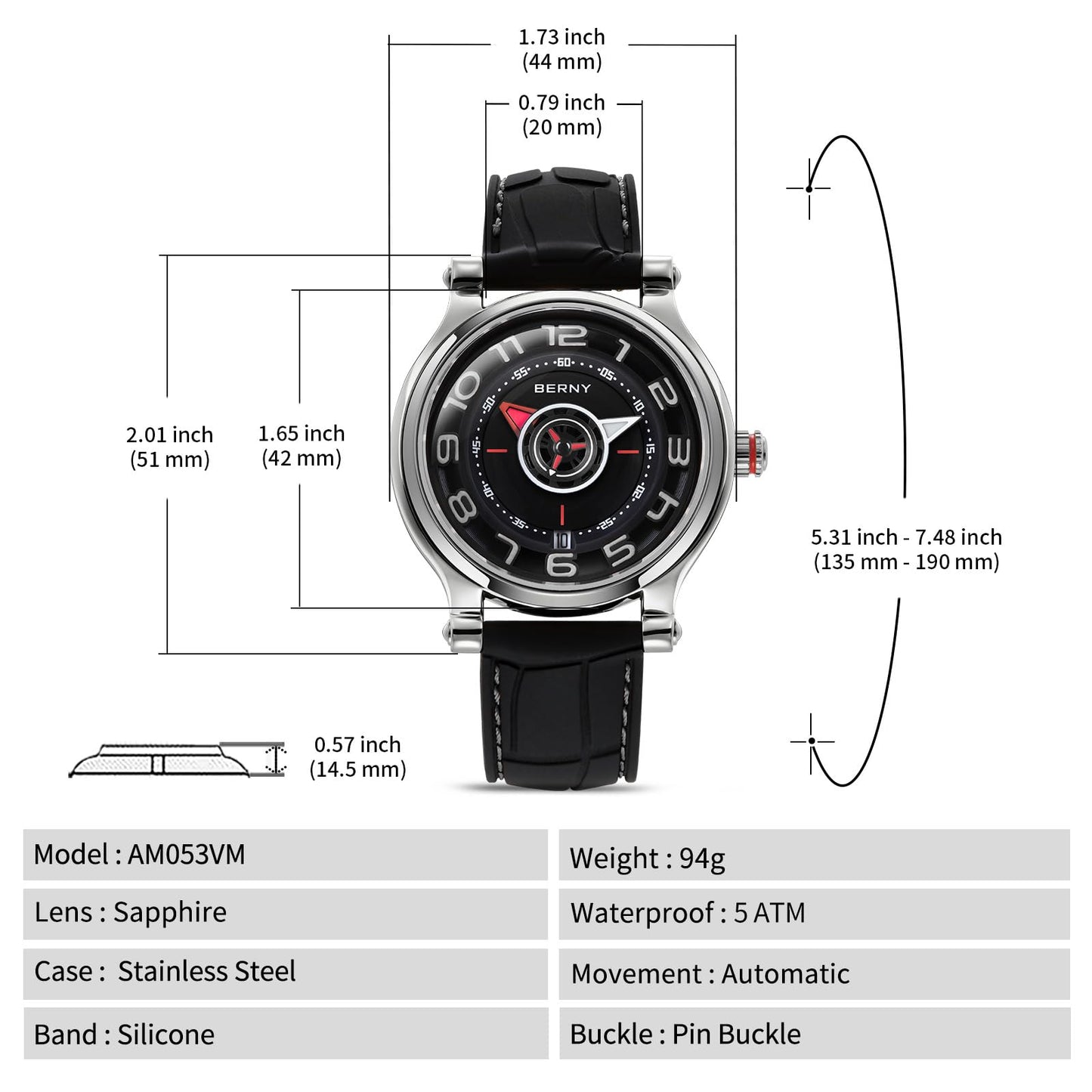 BERNY Mechanical Watch for Men Automatic Movement Miyota 8215 Multifunction Calendar Luminous Hands Exhibition Back Cover 5ATM Waterproof