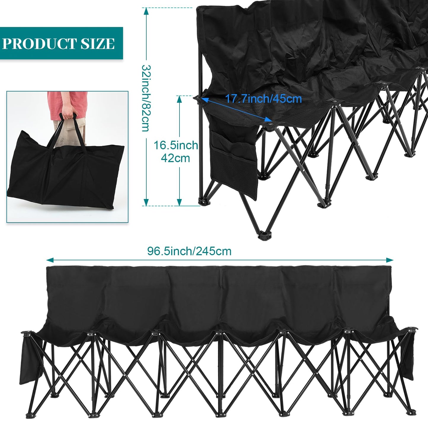 Kigley 6 Seats Folding Soccer Bench Chair Portable Team Sports Sideline Bench for Football Camp Travel Events Outdoor Seating with Storage Bag(Black)