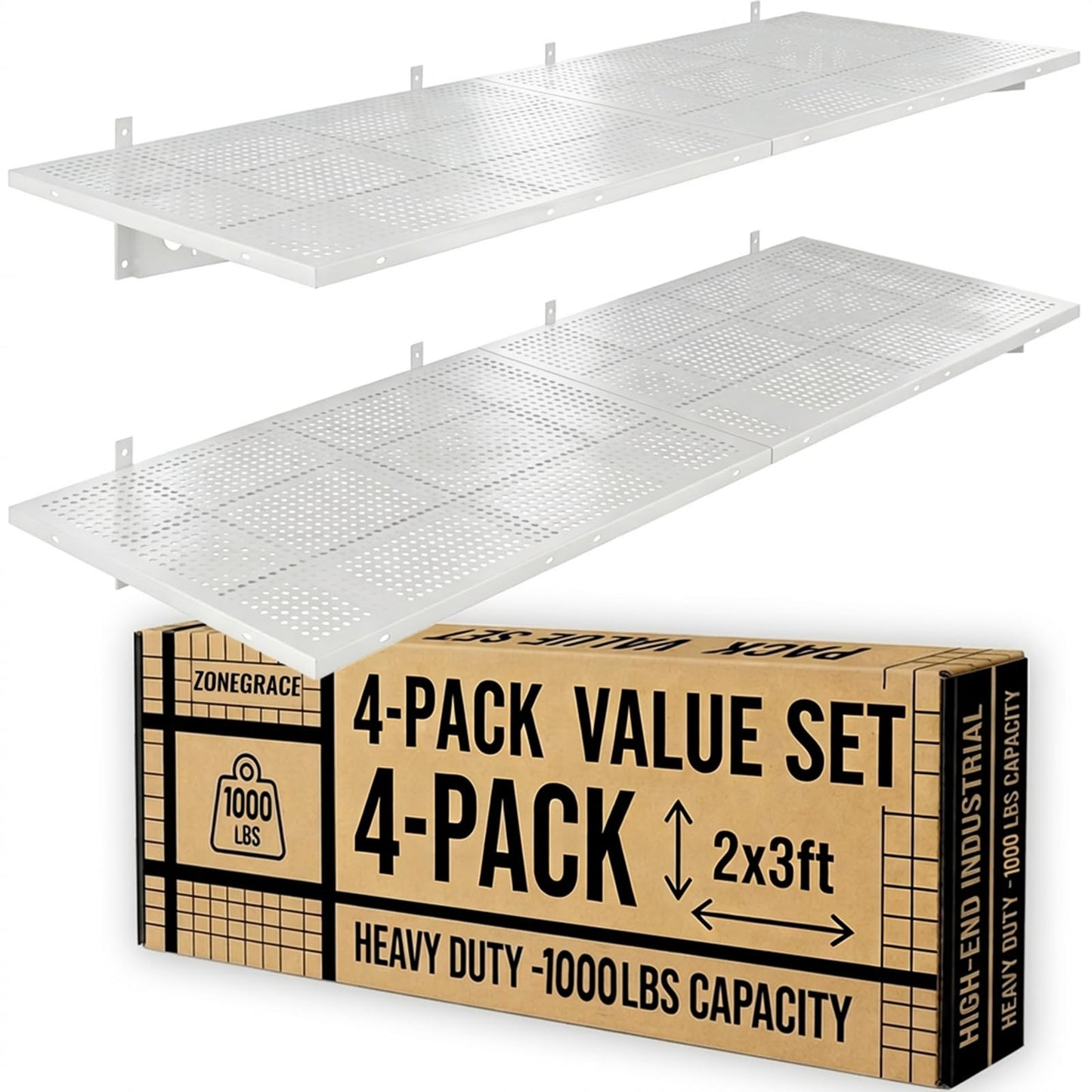 ZONEGRACE 4-Pack 2x3ft Wall Mounted Garage Shelves, 1000 Lbs Deep Garage Wall Shelving Heavy Duty, Large Floating Shelves For Wall With Storage, Complete Install Kit & Hooks, White