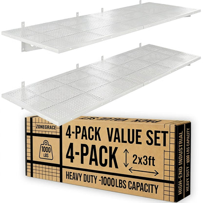 ZONEGRACE 4-Pack 2x3ft Wall Mounted Garage Shelves, 1000 Lbs Deep Garage Wall Shelving Heavy Duty, Large Floating Shelves For Wall With Storage, Complete Install Kit & Hooks, White