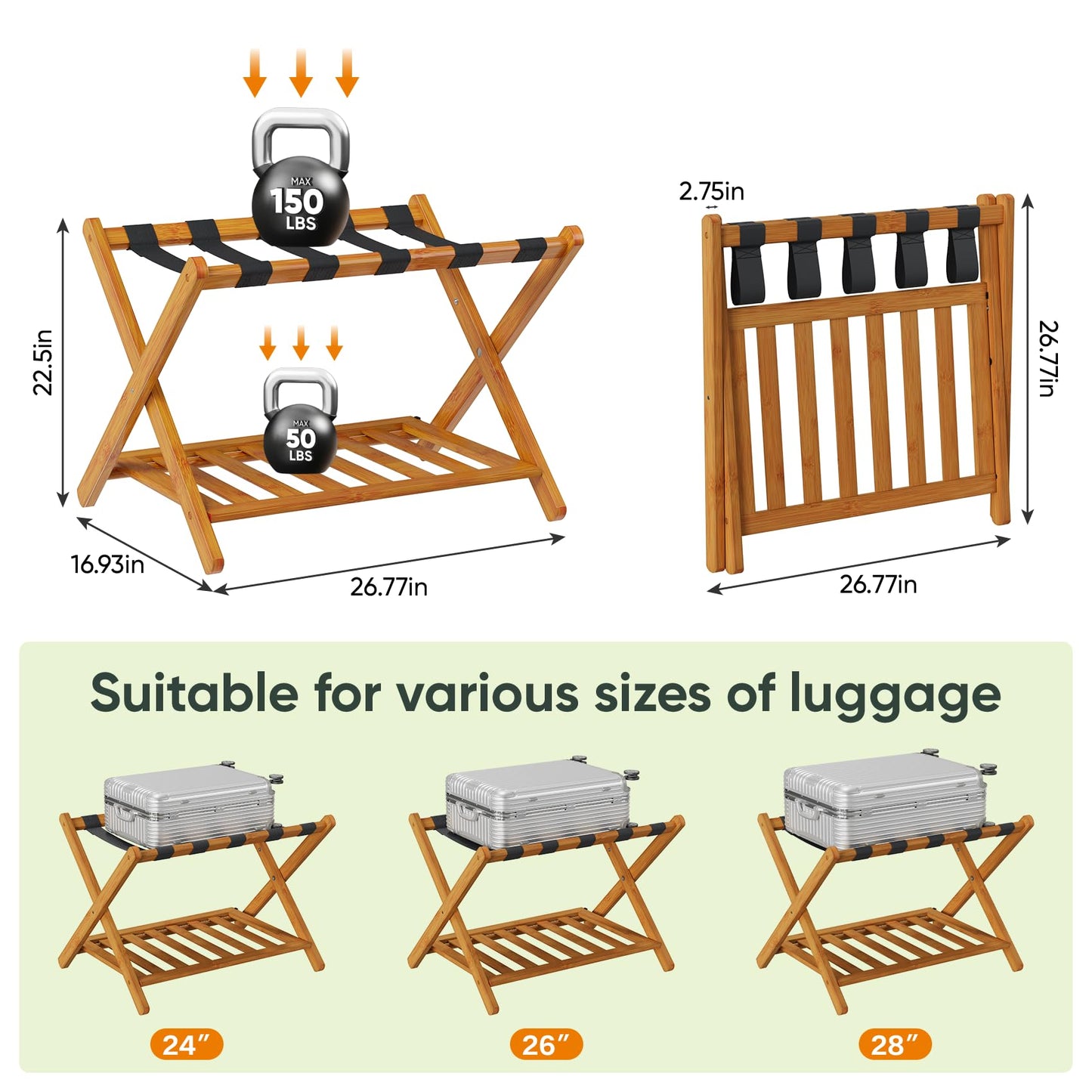 Smart FENDEE Pack of 2 Fully Assembled Bamboo Luggage Racks with Shoe Shelf, 5 Heavy-Duty Straps Folding Suitcase Stand, Luggage Holders for Guest Room Must Haves, Ideal for Bedroom, Hotel, Honey Oak