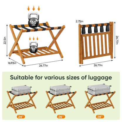 Smart FENDEE Pack of 2 Fully Assembled Bamboo Luggage Racks with Shoe Shelf, 5 Heavy-Duty Straps Folding Suitcase Stand, Luggage Holders for Guest Room Must Haves, Ideal for Bedroom, Hotel, Honey Oak