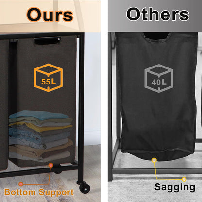 Timberer Laundry Hamper, Laundry Sorter 3 Section, Rolling Laundry Basket with Wheels, 3 Drawers, 3 × 14.5 Gal (55 L), Pull-Out and Removable Oxford Fabric Bags, Black and Rustic Brown